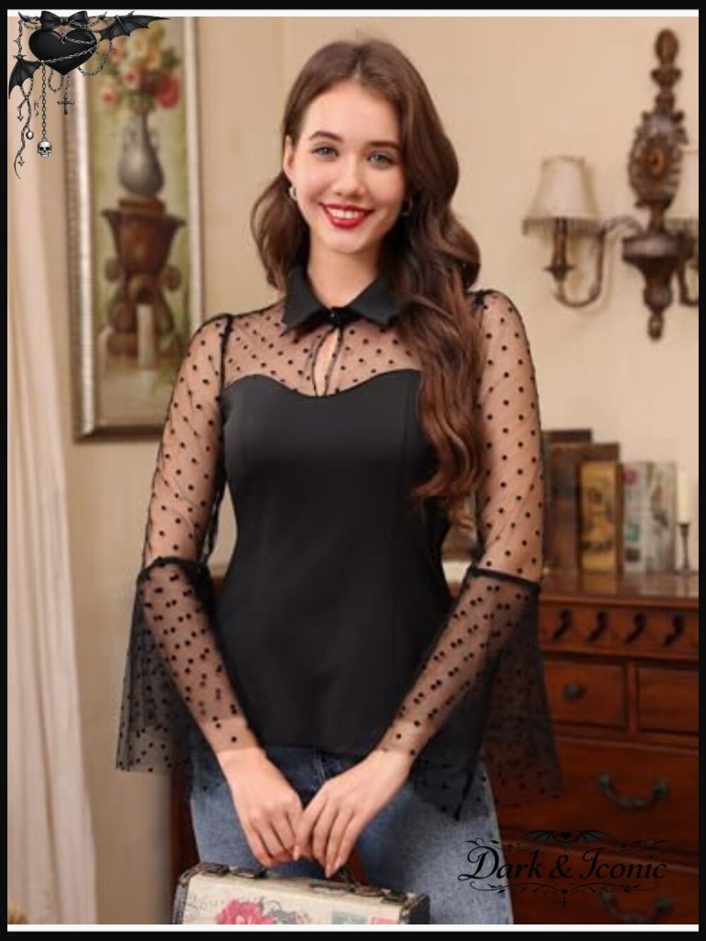 Gothic Bell Sleeve Blouse with Sheer Mesh - Vintage Rockabilly Top - Picture 3 of 6